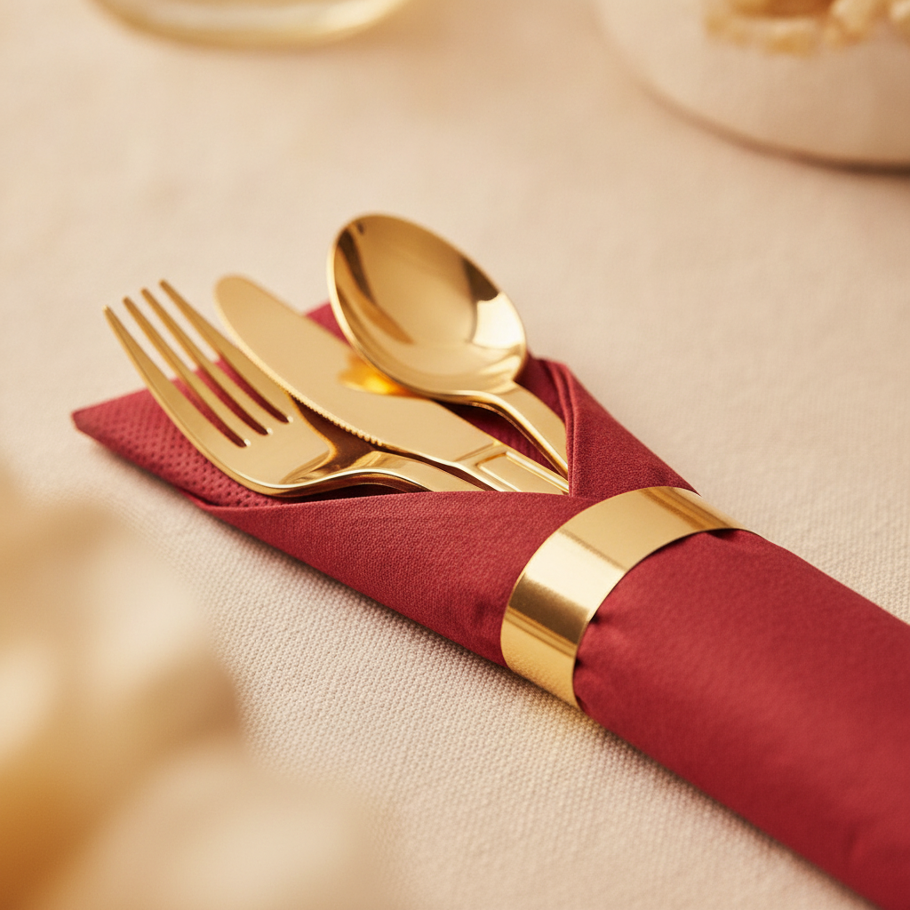 Close-up of gold plastic fork knife and spoon in a red cloth-feel napkin with gold band