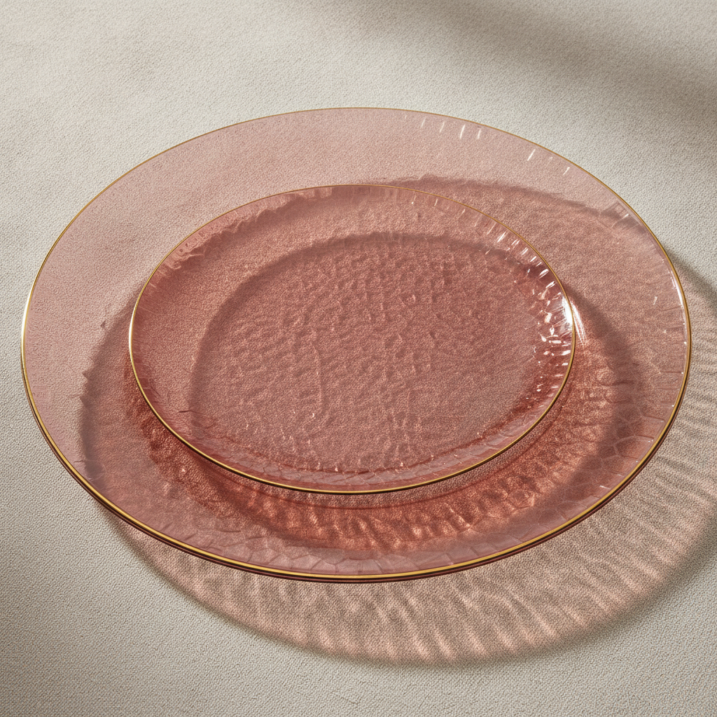 Close-up of translucent rose-burgundy hammered disposable plastic plates with gold rim on linen