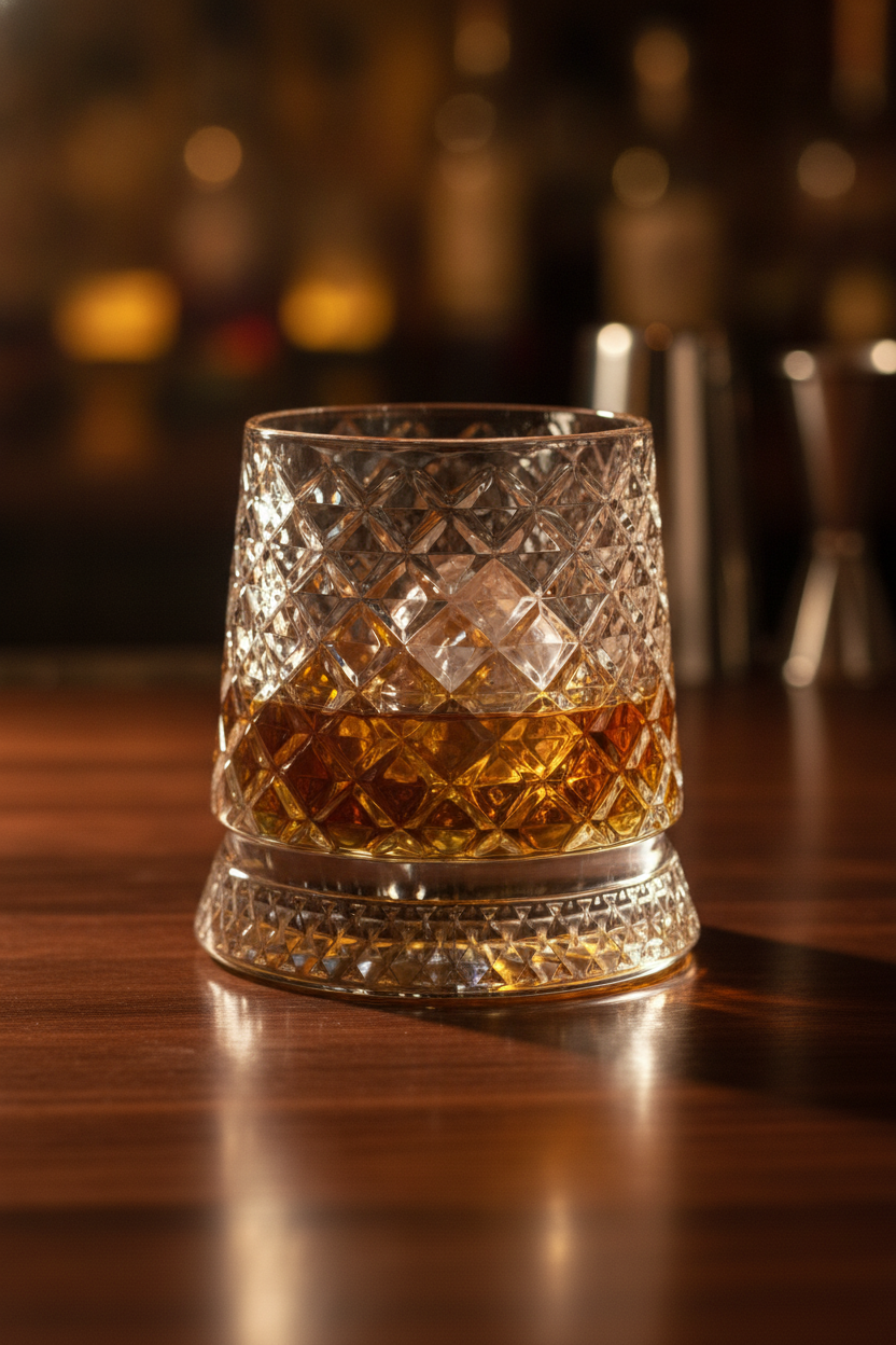 Crystal whiskey tumbler holding amber whiskey with a clear ice sphere on a walnut bar