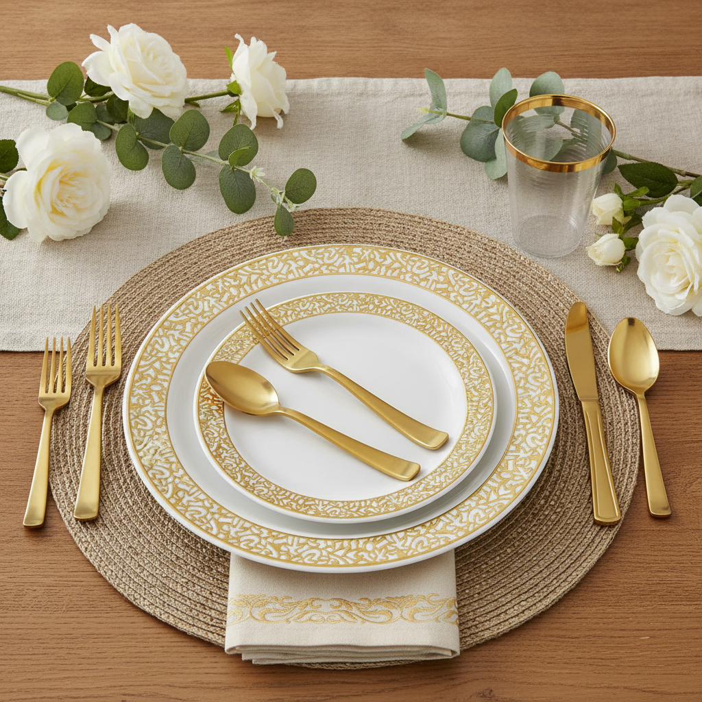 Gold disposable plastic dinner set place setting — white plates with gold lace rim, gold plastic cup and flatware