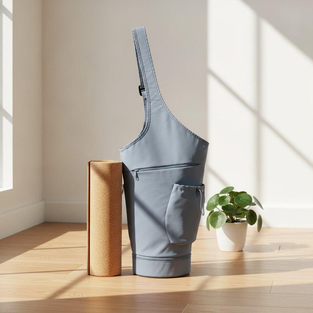 Dusty blue yoga mat carrier tote bag on wood floor with cork mat and plant in sunlit studio