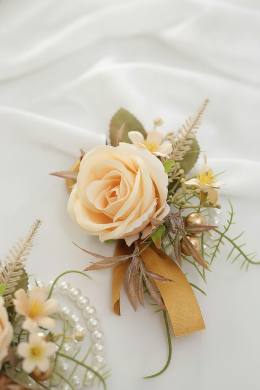 Close-up of champagne silk rose corsage with gold ribbon and pearl band