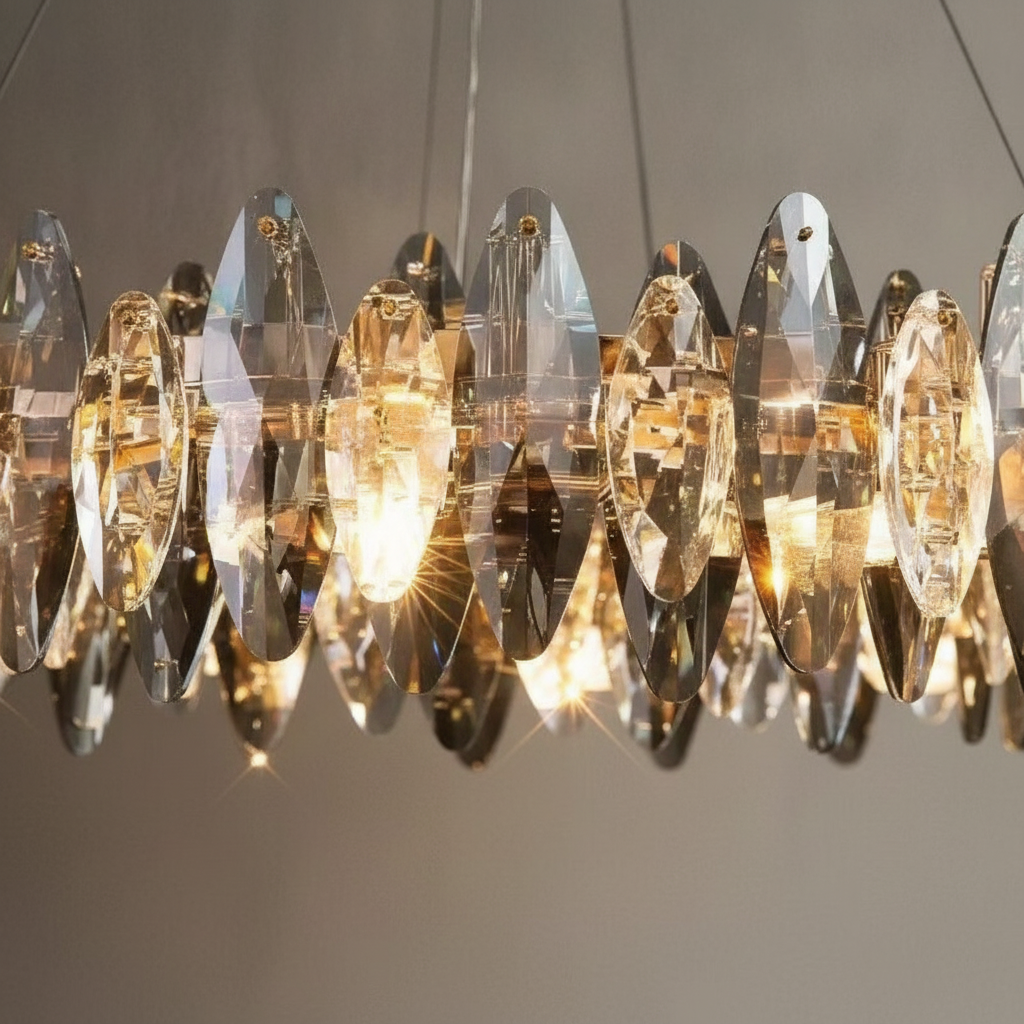 Close-up of faceted clear and smoke crystal prisms on a champagne-gold frame