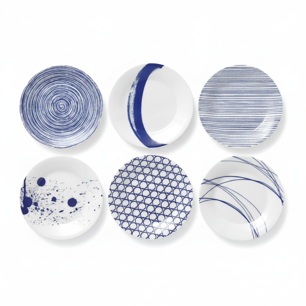 Six blue-and-white abstract ceramic accent plates fanned in an arc on a white background