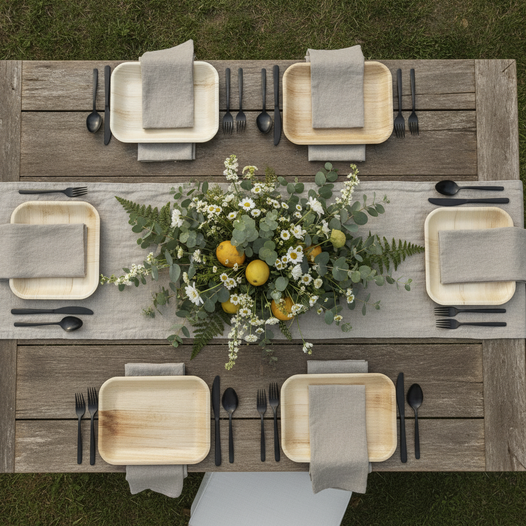Overhead rustic outdoor dinner tablescape with natural palm leaf rectangular plates and florals