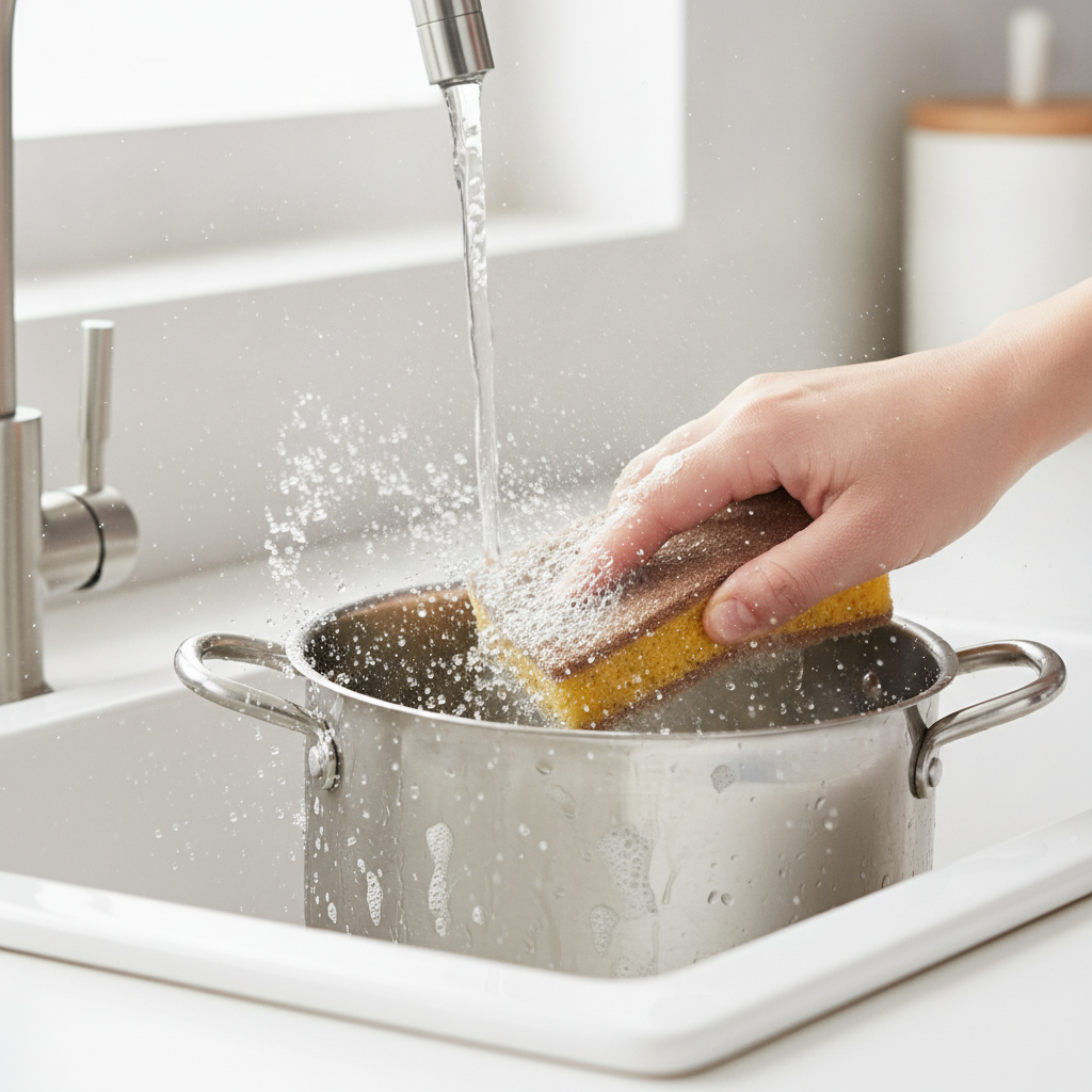 Hand scrubbing a stainless steel pot with the brown coir side of a natural dish sponge