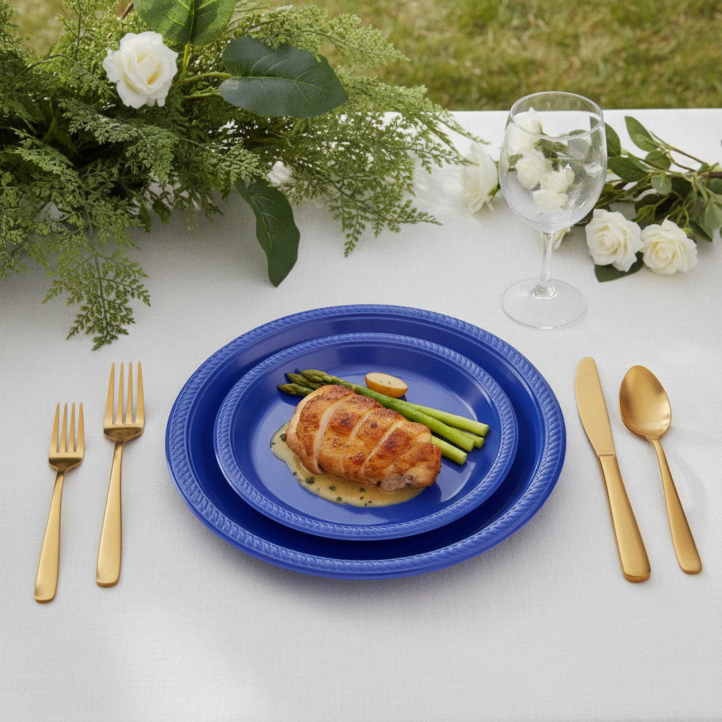 Dark royal-blue plastic plate with food and gold cutlery at a dinner party