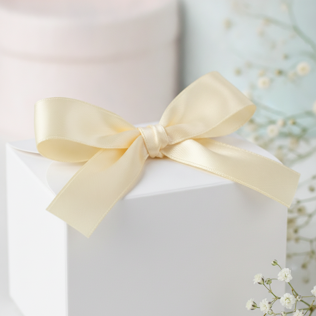 Macro close-up of white gift box with cream-gold satin ribbon bow and baby's breath