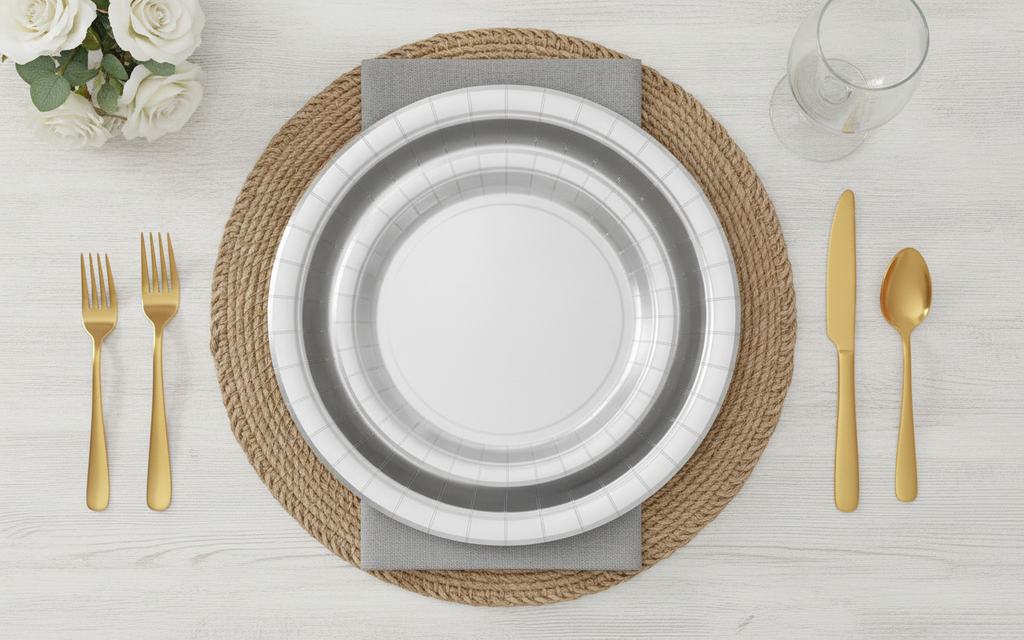 Overhead place setting with smooth silver paper plates, grey napkin and gold cutlery on a rattan placemat