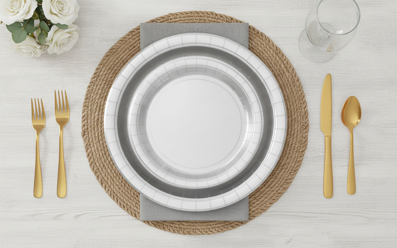 Overhead place setting with smooth silver paper plates, grey napkin and gold cutlery on a rattan placemat
