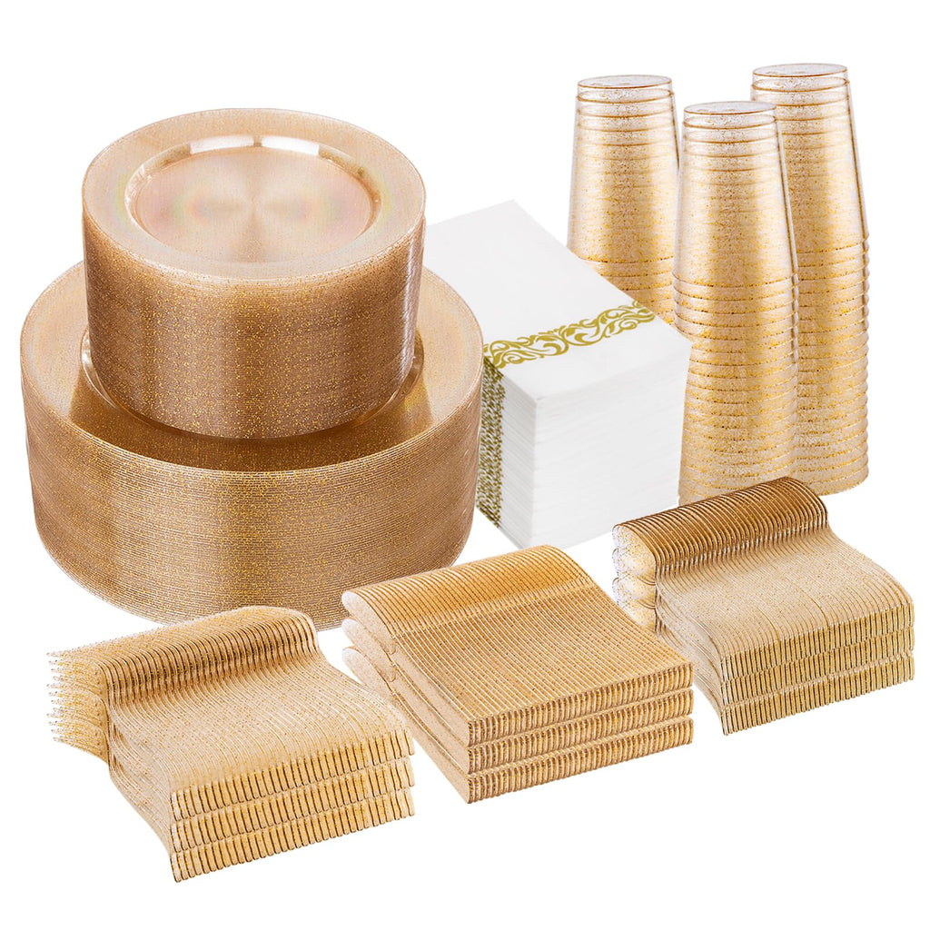 Gold Glitter Disposable Dinnerware Set, 700 pc