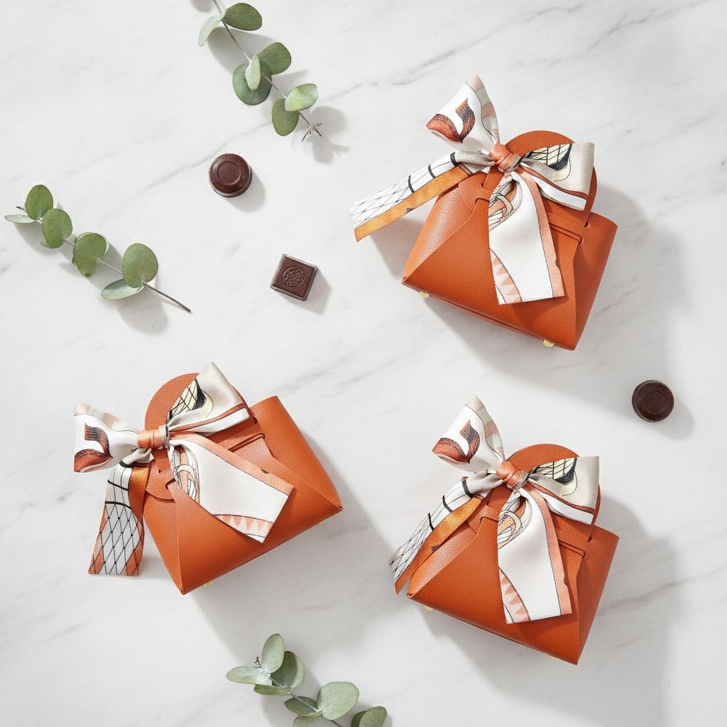 Orange PU leather handbag favor pouches flat-lay with chocolates and eucalyptus