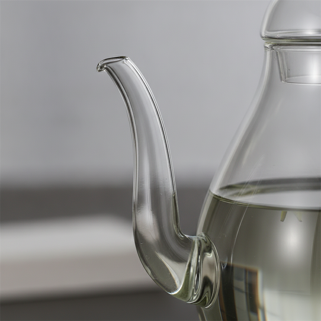 Close-up of the curved pouring spout on the clear glass teapot