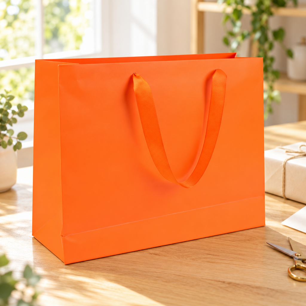 Orange gift bag styled beside separate gift-wrapping props