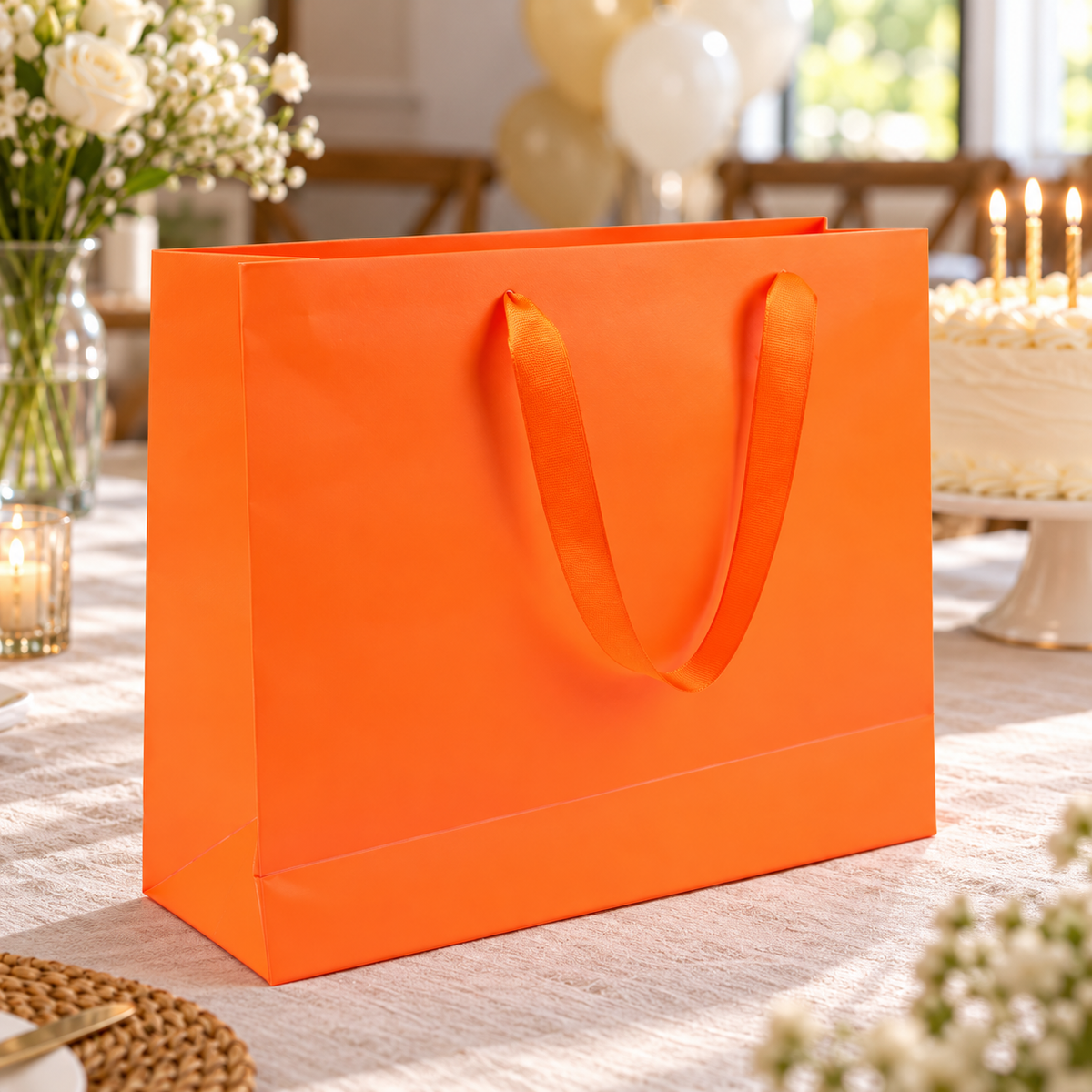 Orange gift bag on a birthday gift table; background decorations are styling props