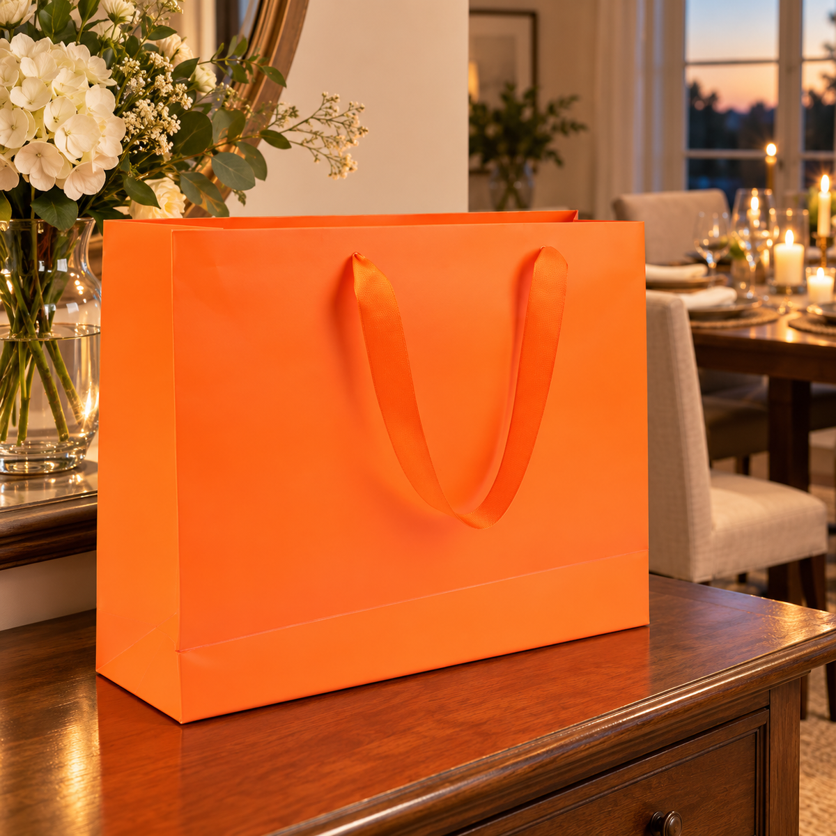 Orange gift bag in a dinner-party home setting; surrounding items are styling props