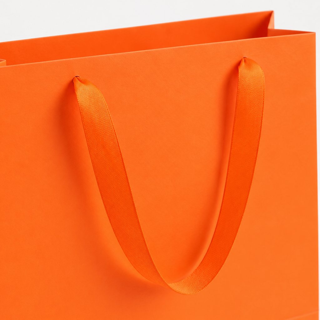 Close-up of orange gift bag ribbon handle and paper rim