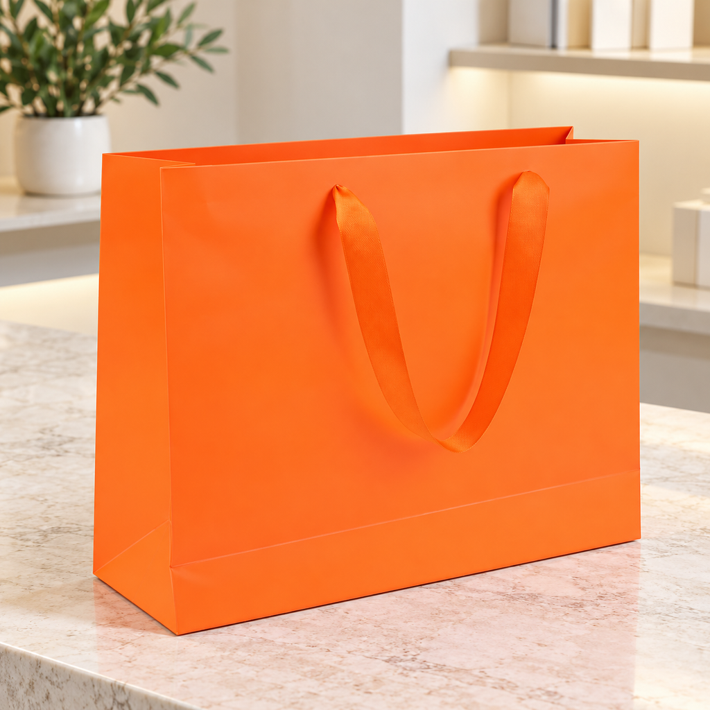Orange gift bag on a boutique counter