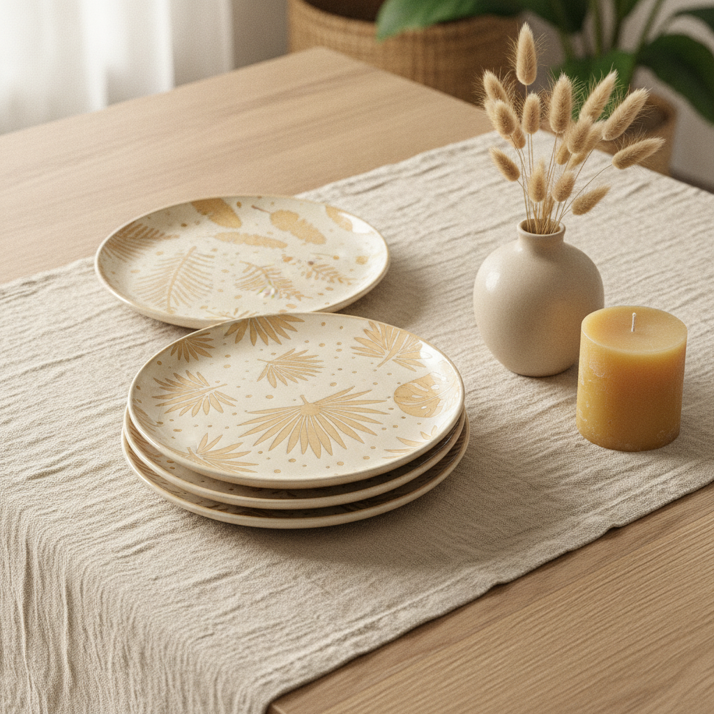 Styled neutral boho table with stacked creamy beige leaf ceramic plates