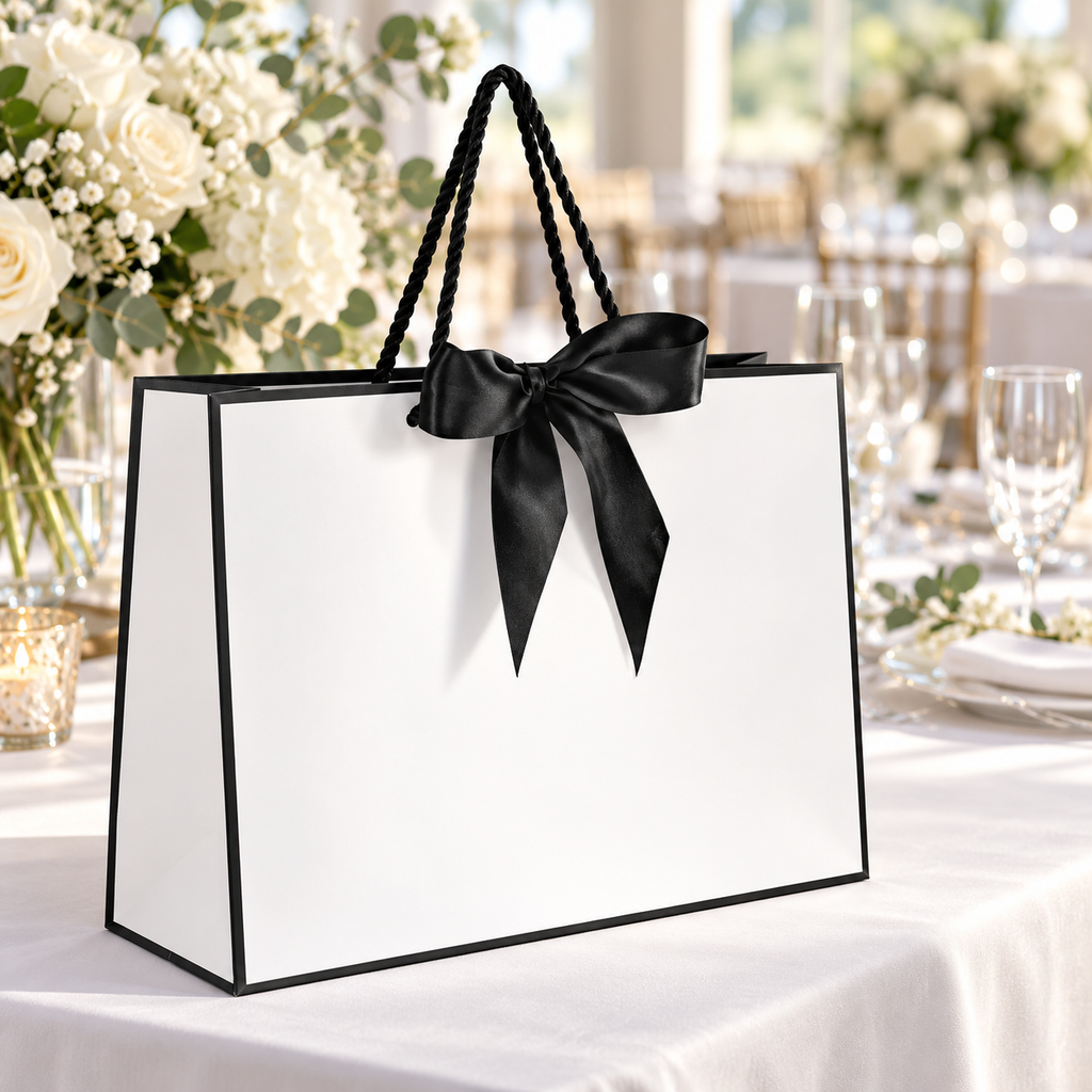Black-and-white bow gift bag in a wedding reception setting; surrounding items are styling props