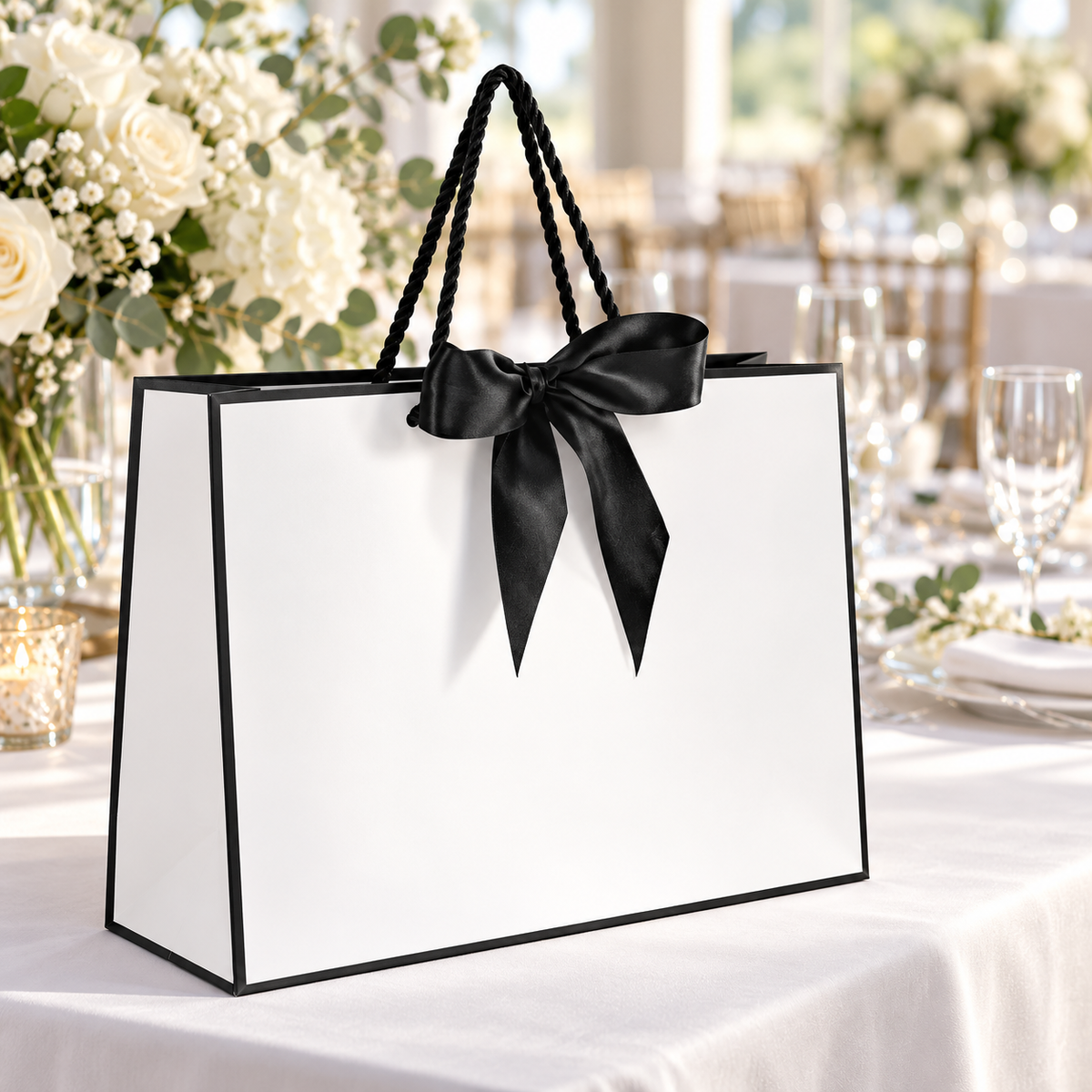 Black-and-white bow gift bag in a wedding reception setting; surrounding items are styling props
