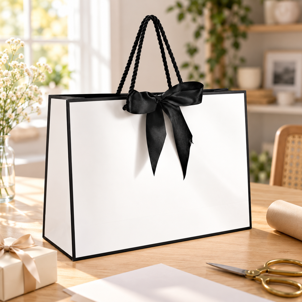 Black-and-white bow gift bag beside separate gift-wrapping props
