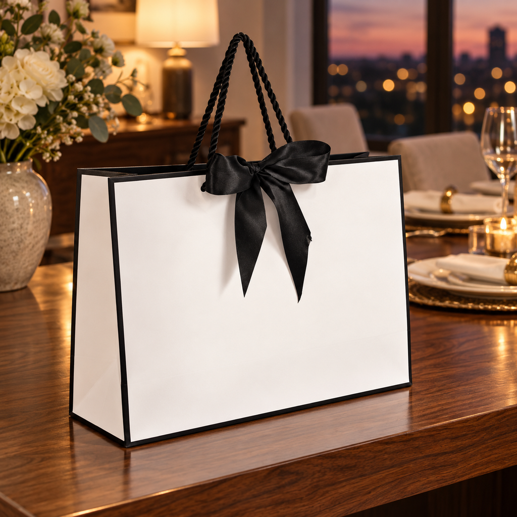 Black-and-white bow gift bag in an evening dinner setting; surrounding items are styling props