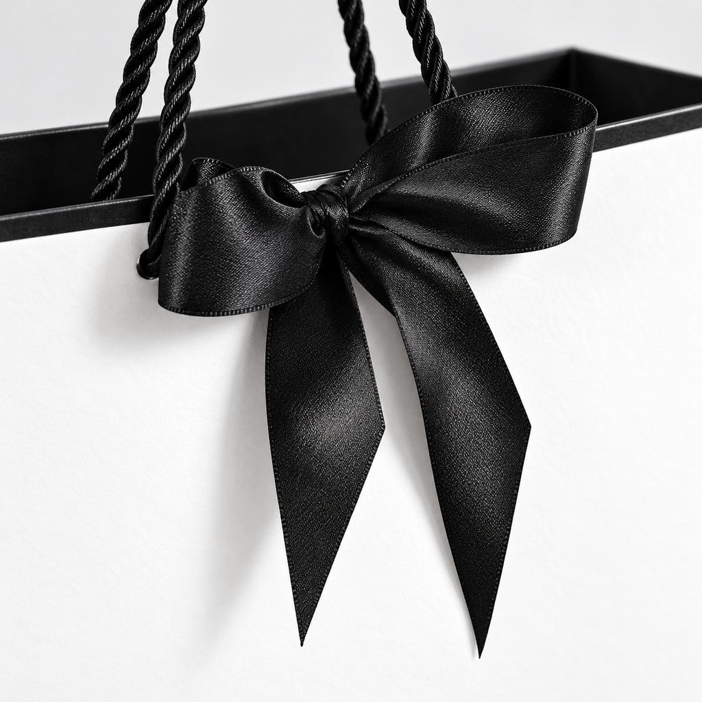 Close-up of black satin bow, cord handle and white gift bag rim
