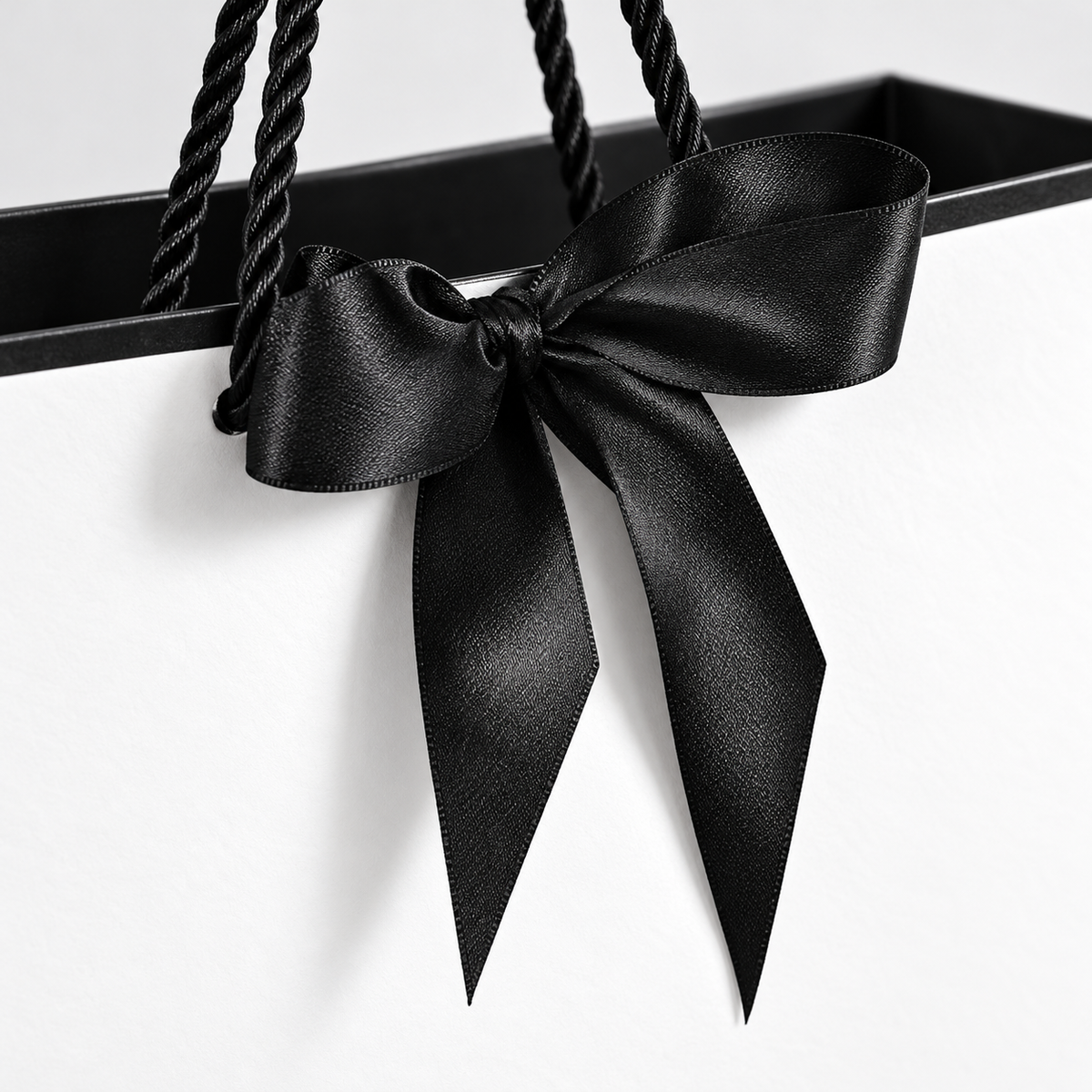 Close-up of black satin bow, cord handle and white gift bag rim