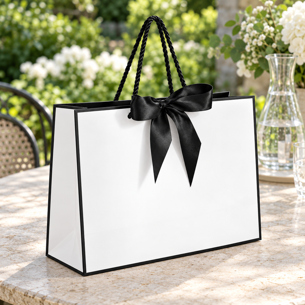 Black-and-white bow gift bag at a garden gathering; surrounding items are styling props