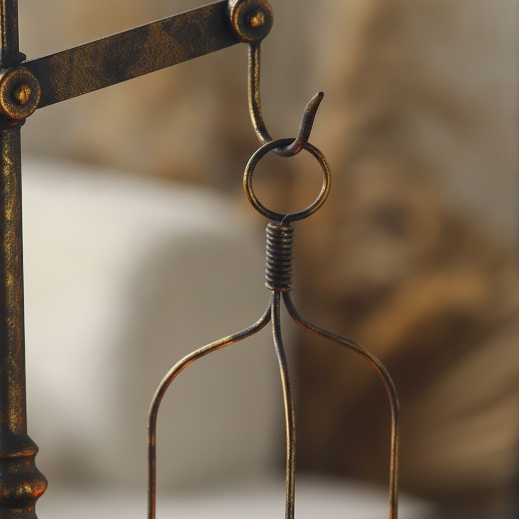 Macro close-up of a hand-bent iron candle cage, S-hook and coiled spring with aged bronze patina