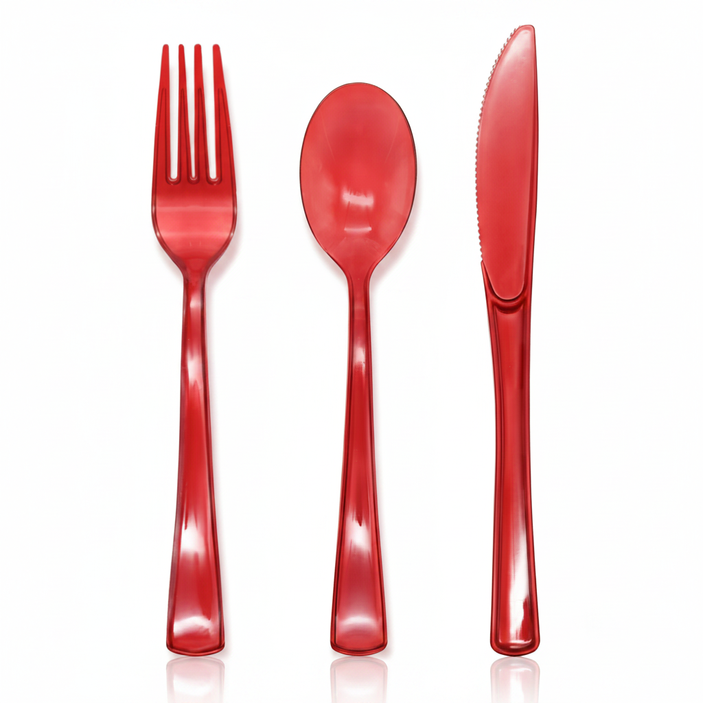 Red disposable plastic fork, spoon and knife set on white background