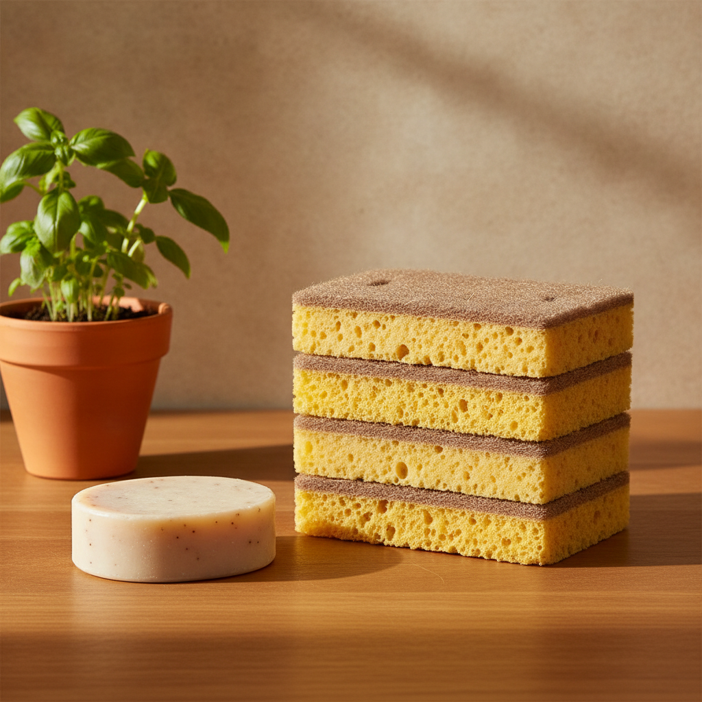 Stack of natural yellow and brown dish sponges on a wooden counter with soap and herb
