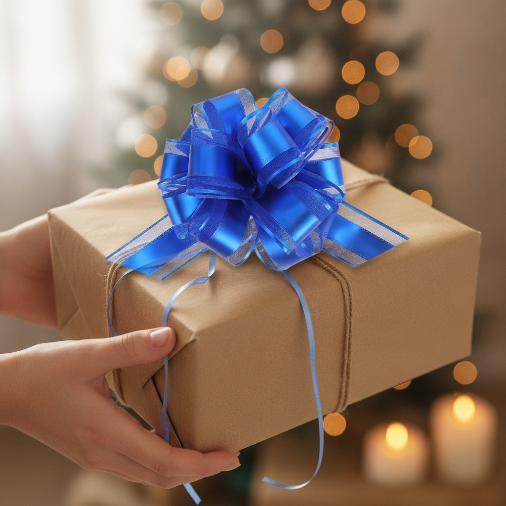 Blue pull bow on a kraft-wrapped gift held in hands at a holiday celebration
