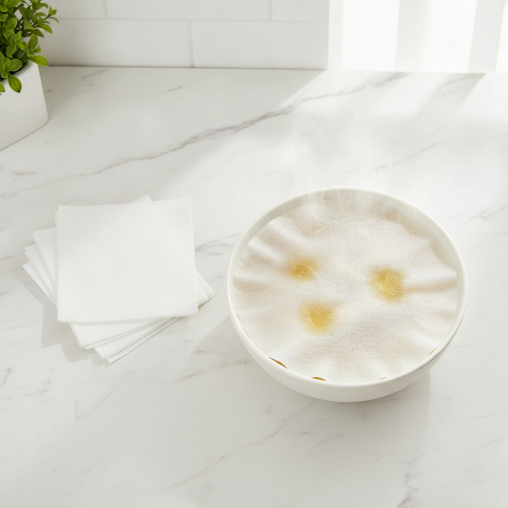 Overhead view of white oil-control filter sheet on broth with stacked sheets