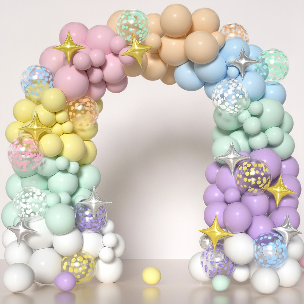 Pastel rainbow macaron balloon garland arch assembled against a soft white party wall
