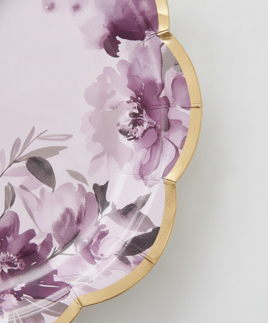 Macro close-up of purple watercolor floral disposable paper plate scalloped gold rim on matte paper
