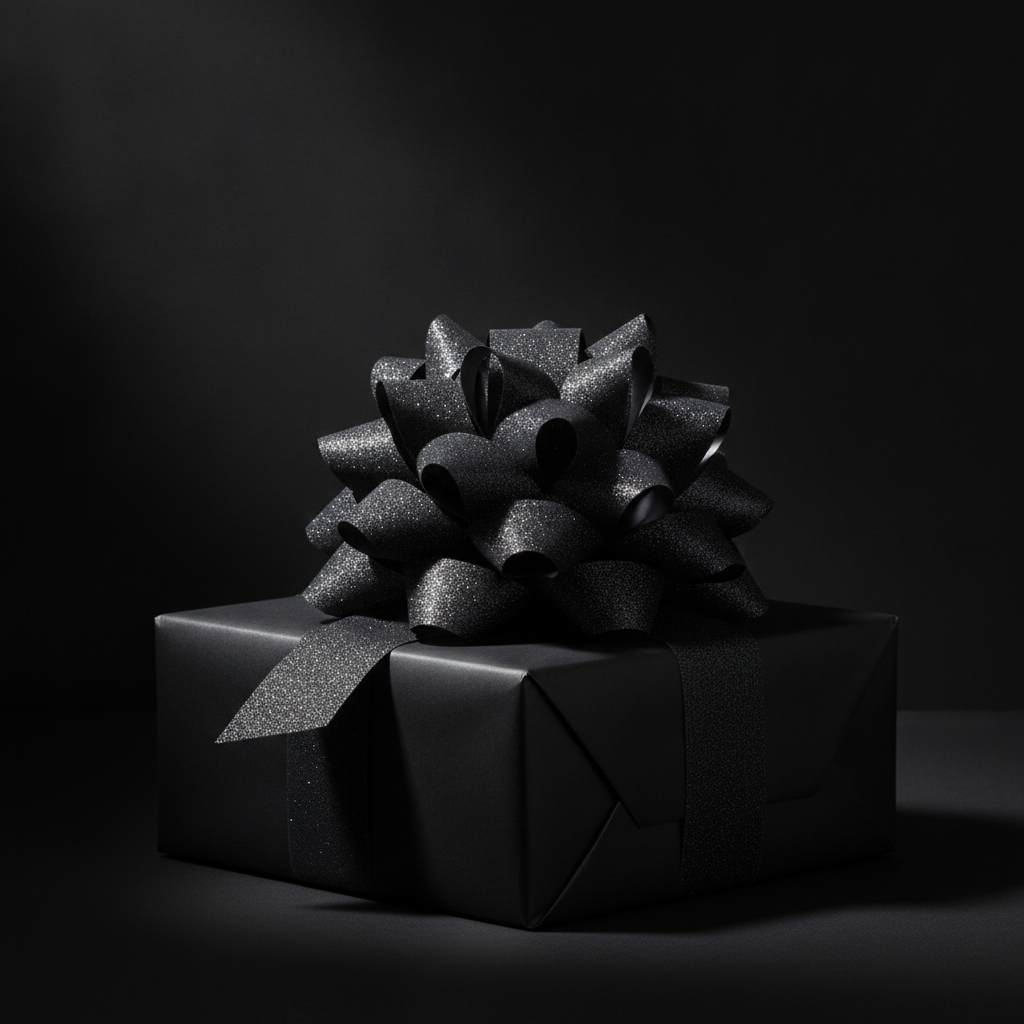 Black glitter pull bow on a matte black wrapped gift box
