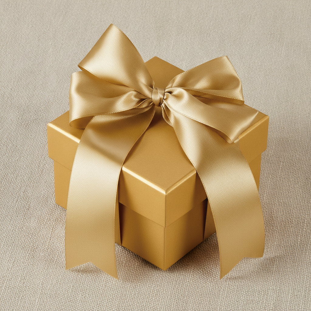 Macro detail of gold satin ribbon bow on a gold gift box corner