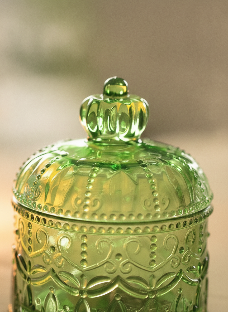 Close-up of the sculpted glass crown finial and beaded scrollwork embossing