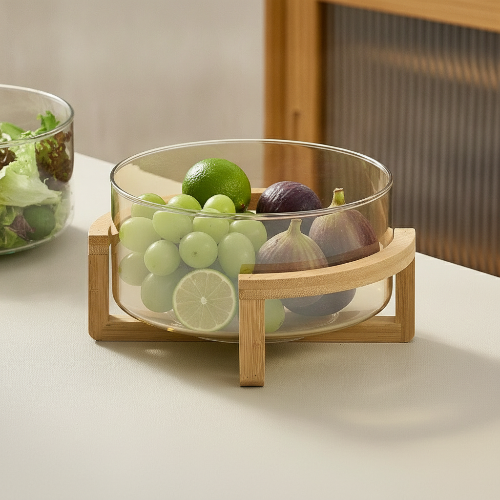 Glass bowl in crossed-wood cradle stand filled with grapes, limes and figs on a kitchen counter