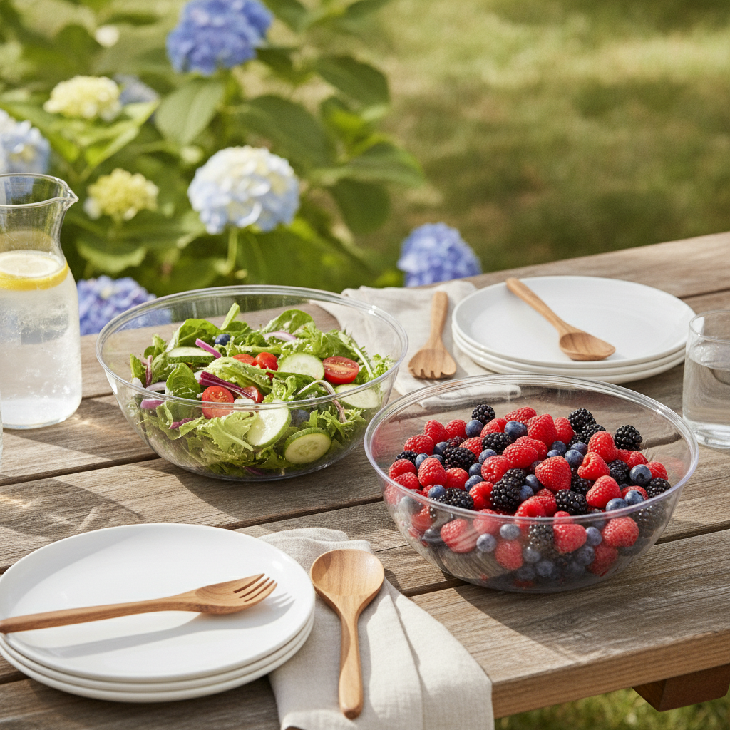 Clear plastic serving bowls with salad and berries on an outdoor table