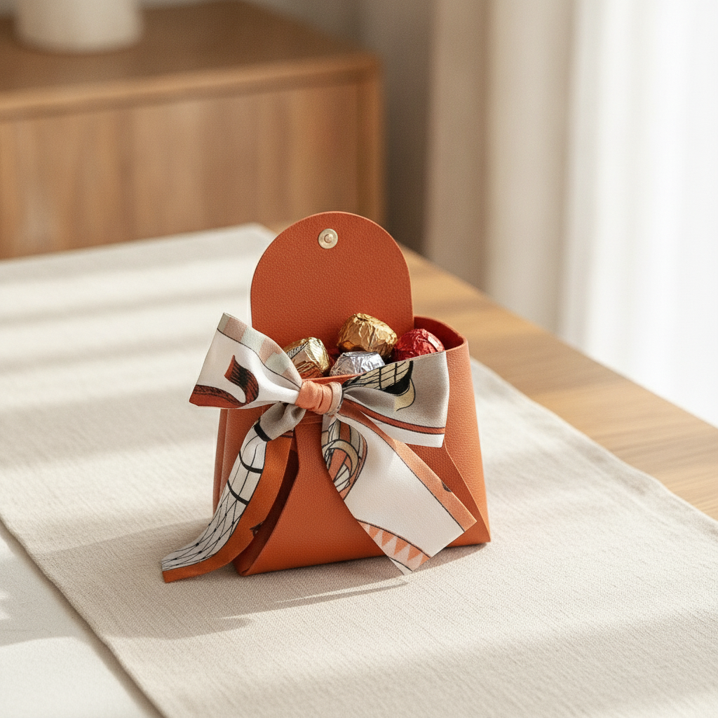 Open orange leather handbag favor pouch revealing wrapped chocolates inside