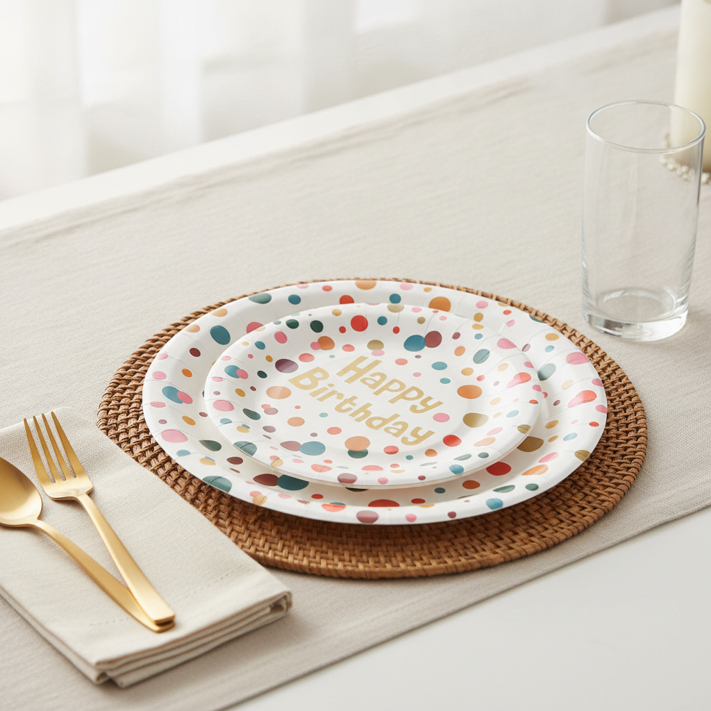 Happy Birthday confetti polka-dot disposable paper party plates, dessert plate stacked on dinner plate, styled on a rattan placemat with gold flatware and linen napkin