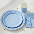 Baby blue paper plate, cup and plastic cutlery place setting for a baby shower