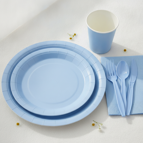 Baby blue paper plate, cup and plastic cutlery place setting for a baby shower