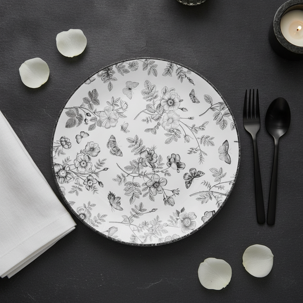 Black and white floral-toile disposable plate place setting with black cutlery on slate