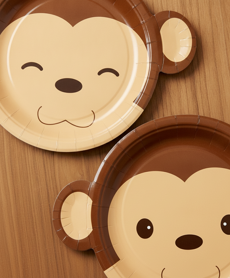 Macro close-up of two monkey face matte paper party plates showing thin disposable paper edge