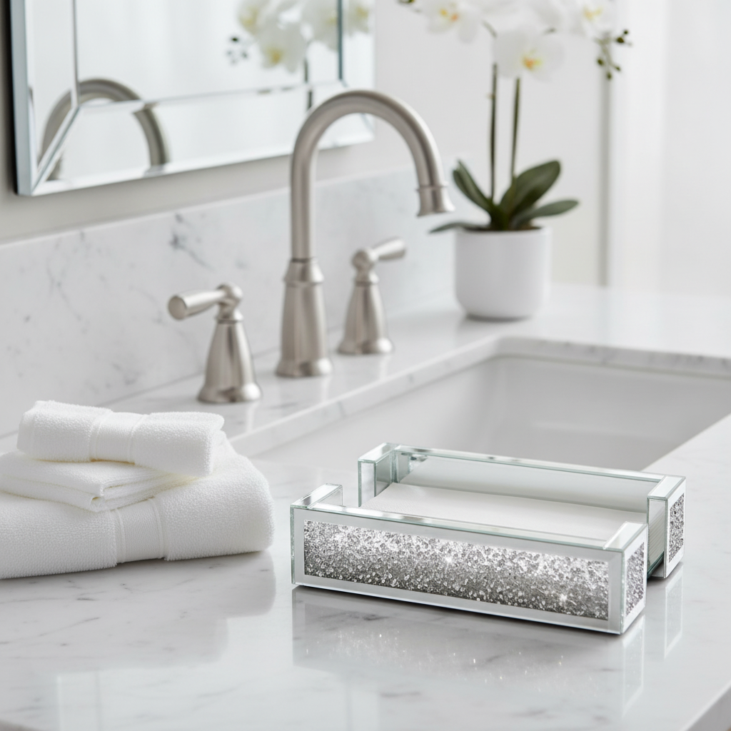 Mirror napkin holder holding folded guest towels on a marble powder-room vanity