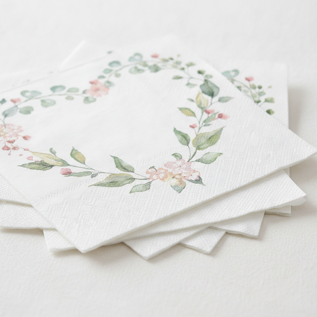 Close-up of the watercolor heart-shaped floral wreath on matte paper napkins
